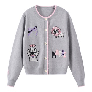 MARDI女装卡通小狗针织开衫圆领长袖毛衣百搭上衣刺绣26春款外套