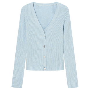 Goodland美地蓝色假两件v领针织开衫女短款2026春新品LC36106220