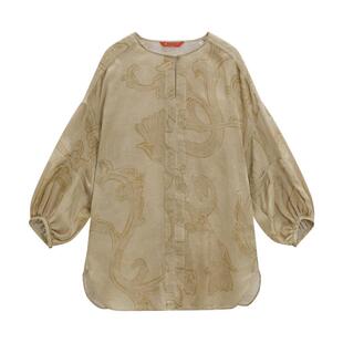 EXCEPTION例外女装苎麻混纺复古新中式印花通勤时圆领七分袖衬衫