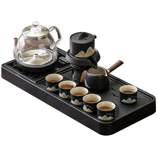新款黑陶功夫茶具套装家用自动底部上水玻璃泡茶壶仿乌金石小茶盘