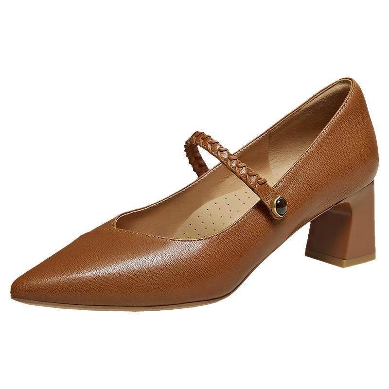 TATA他她粗跟玛丽珍鞋女尖头高跟鞋棕色小皮鞋女2026新款XGM05AQ6