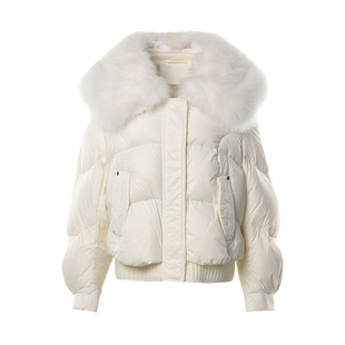 DPLAY【90鹅绒】春通勤白色可拆卸狐狸毛领短款加厚羽绒服外套