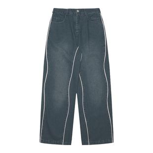 华夏印迹春夏季新款牛仔裤高腰水洗复古镶边条直筒宽松拖地休闲裤