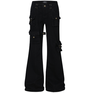 OV原创美式轻亚风铆钉多口袋微喇叭工装裤男女机能直筒显瘦牛仔裤