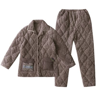 圆人睡衣男冬加厚珊瑚绒夹棉套装