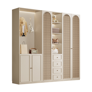 全实木橡木玻璃门法式复古储物柜卧室奶油白衣橱家用落地收纳柜子