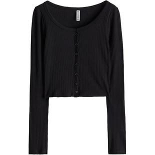 HM女装T恤冬季休闲圆领时尚纽扣前襟罗纹短款上衣打底衫1234738