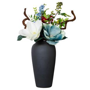 手工磨砂黑色陶瓷花瓶北欧风格摆件复古粗陶罐灯台面装饰客厅插花