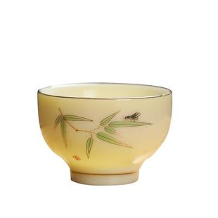 羊脂玉瓷茶杯宝石黄翠竹主人杯中式小单杯功夫茶杯陶瓷杯家用纯色