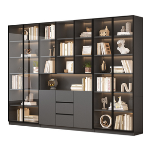 实木书柜储物柜一体带玻璃门定制家用置物架手办展示柜整墙落地柜