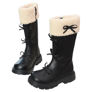 女童长筒靴儿童公主皮靴2025秋冬新款童鞋加绒二棉靴蝴蝶结高筒靴