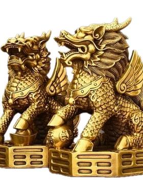 纯黄铜火麒麟一对摆件家居装饰品