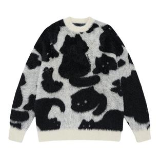 李昊同款BJHG不计后果奶牛猫仿貂毛毛衣男装冬季针织衫情侣毛衣女