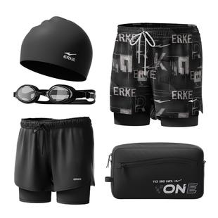 鸿星尔克泳裤防尴尬平角宽松泡温泉泳衣男款五分双层游泳装备套装