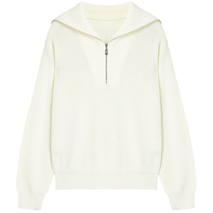 布景毛衣女春季新品简约半拉链翻领慵懒风含羊毛针织衫1608