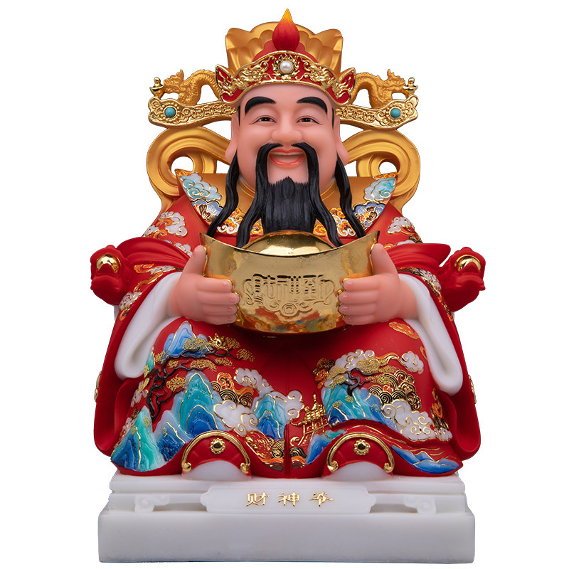 汉白玉财神爷彩绘贴金镶宝