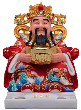 汉白玉财神爷彩绘贴金镶宝