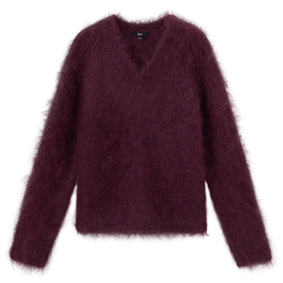 COMME MOI吕燕设计师女紫红色马海毛软糯简约V领毛衣宽松舒适