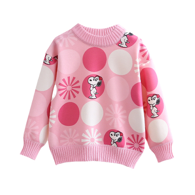 史努比女童新款秋冬套头毛衣洋气儿童加绒针织衫女孩粉色圆领上衣