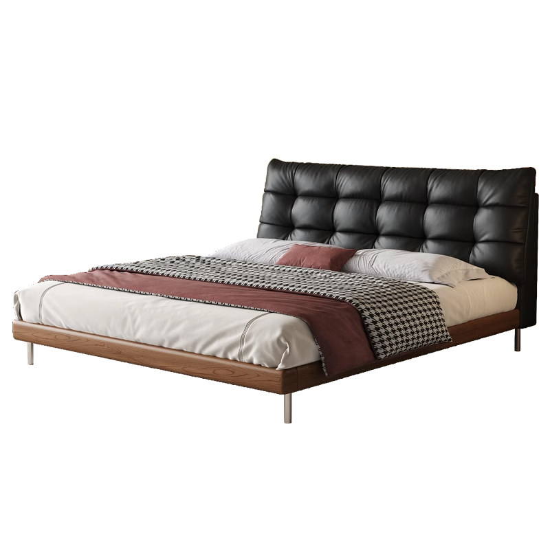 法莎蒂大黑熊真皮床复古极简中古风主卧实木现代简约软包拉点床