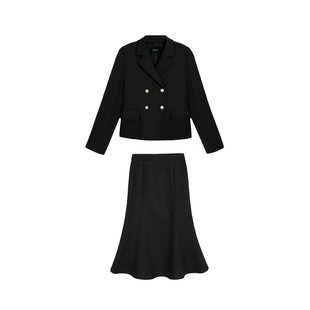 Maven Lin 高智主场 黑色短款西装外套女优雅白领鱼尾半身裙套装