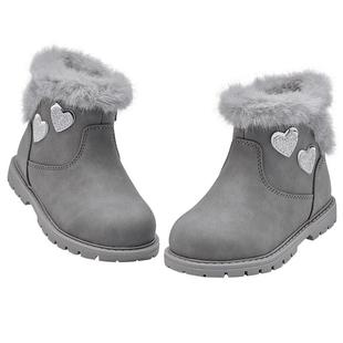 戴维贝拉儿童棉靴灰色2025冬季新款女童加绒靴子大童防滑保暖短靴