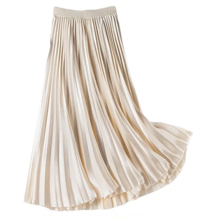 18531 珠光缎面百褶裙半身裙秋冬女中长款高腰显瘦大摆a字小个子