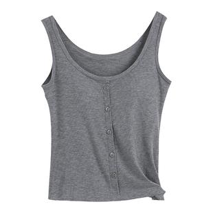 背心女夏内搭纽扣纯色螺纹大码小吊带工字打底无袖外穿带胸垫上衣