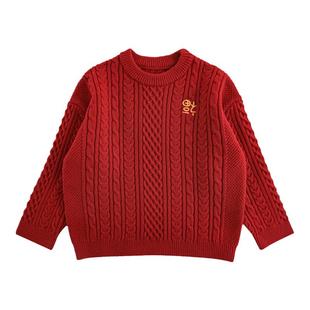 幼悠女童年服圆领毛衣冬季罗纹织边温厚软糯倒立福字刺绣休闲上衣