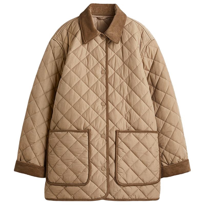 HM女装棉服2025秋冬新款菱格绗缝翻领宽松巴恩风美式外套1303983