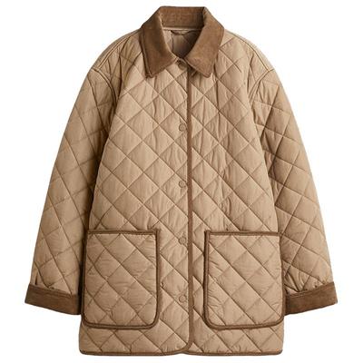 HM女装棉服2025秋冬新款菱格绗缝翻领宽松巴恩风美式外套1303983