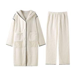 曼系“松弛有度”珊瑚绒睡袍加绒裤连帽简约流苏设计感睡衣女秋冬
