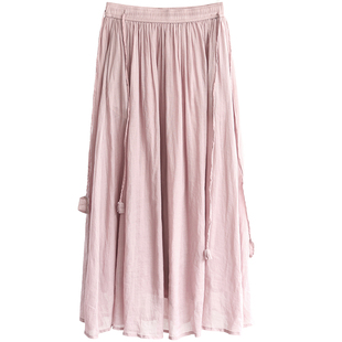 绿素棉 双层100支苎麻半身裙女~大裙摆收褶显瘦A字型蓬蓬高腰长裙