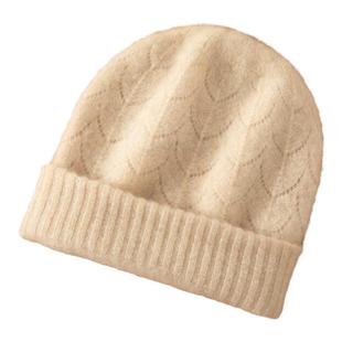 冬季100%山羊绒帽子钩花镂空针织帽子女简约保暖百搭纯色气质女帽