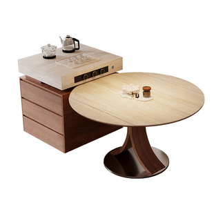 分离式岛台圆餐桌一体伸缩家用中古风厨房餐厅高级感洞石岩板岛台