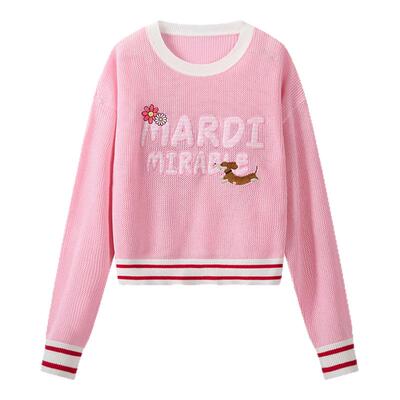 MARDI粉色卡通刺绣圆领针织衫女