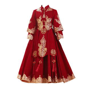 大码敬酒服新娘结婚孕妇秀禾服胖mm丝绒遮肚子出阁宴礼服喜服冬季