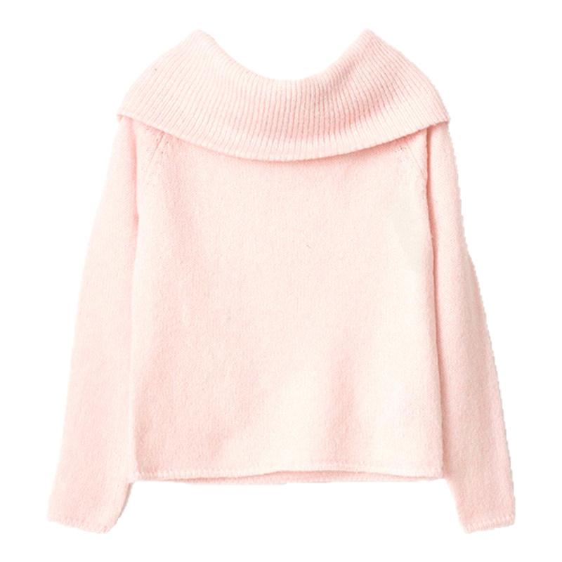 bgc春秋薄款高校辣妹温柔一字肩毛衣纯色翻领上衣马卡龙色长袖女