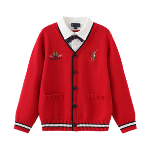 POLOWALK童装 男童假两件红色毛衣秋冬装儿童衬衫领拼接针织衫