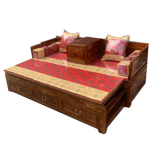 原木实木罗汉床雕花榆木围板床沙发床中式酒店民宿家具禅意床榻