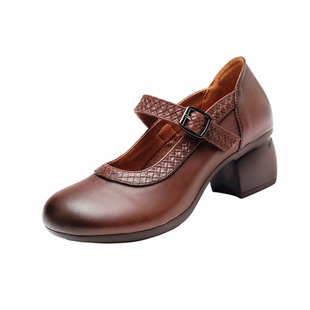 复古风头层牛皮玛丽珍鞋女中粗跟一字扣带单鞋舒适不累脚妈妈鞋