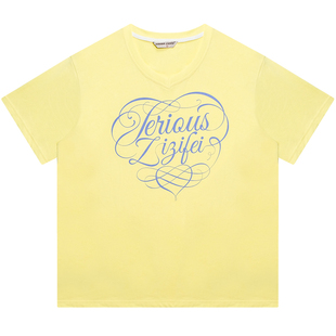 ziziFei夏季美式复古纯色基础字母印花V领宽松大版上衣短袖T恤女