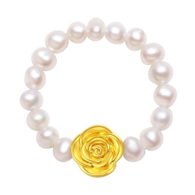 周大生足金玫瑰蝴蝶结珍珠戒指