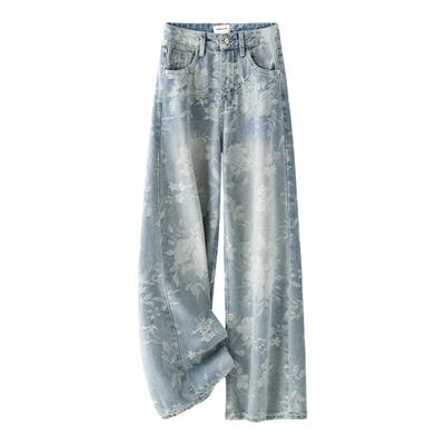 雅鹿浅蓝色印花阔腿牛仔2026新款