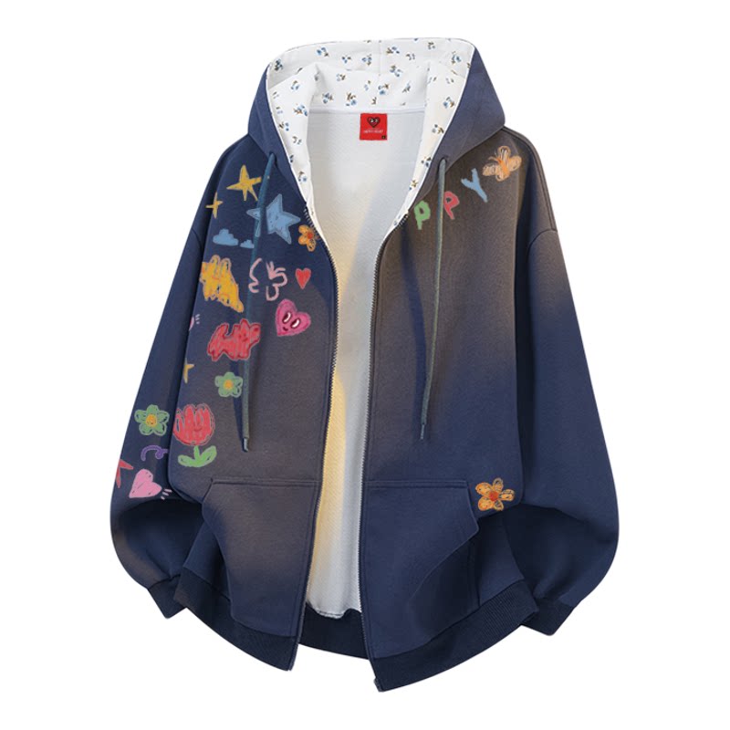 查尔斯桃心卡通涂鸦开衫连帽花卉卫衣男秋季宽松休闲情侣上衣外套
