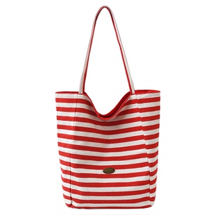 红色条纹双面包包帆布包韩国慵懒风托特学生大容量休闲单肩包袋女