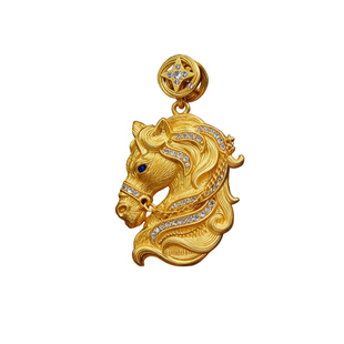 9999足银赤骥生肖马头吊坠描金古法手工毛錾刻毛衣链男女新年礼物