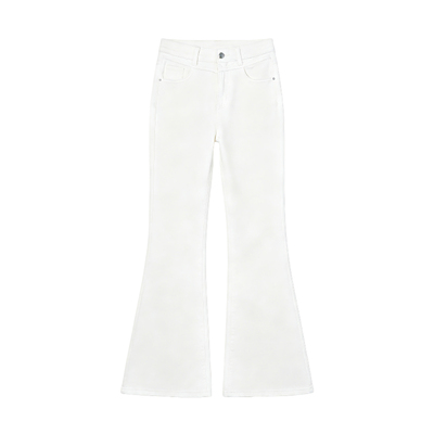 白色四面弹翻盖直筒微喇牛仔裤女