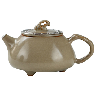 米黄汝窑钧窑单壶银茶壶手工纯银鎏银小茶壶功夫茶具陶瓷汝瓷开片