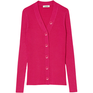 SANDRO Outlets秋冬女装法式气质粉色V领修身纽扣门襟针织开衫